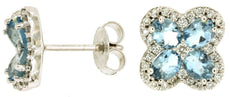 1.55CT DIAMOND & AAA AQUAMARINE 14K WHITE GOLD OVAL & ROUND FLOWER STUD EARRINGS