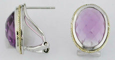 LARGE 12CT AAA AMETHYST 14KT YELLOW GOLD & 925 SILVER 3D OVAL HANGING EARRINGS