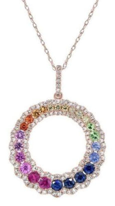 1.52CT DIAMOND & AAA MULTI COLOR SAPPHIRE 14KT ROSE GOLD CIRCLE OF LIFE PENDANT