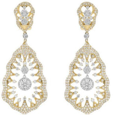 LARGE 6.21CT DIAMOND 18K 2 TONE GOLD FLORAL TEAR DROP COCKTAIL HANGING EARRINGS
