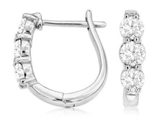 1.0CT DIAMOND 14KT WHITE GOLD 3D ROUND 3 STONE HUGGIE LEVERBACK HANGING EARRINGS