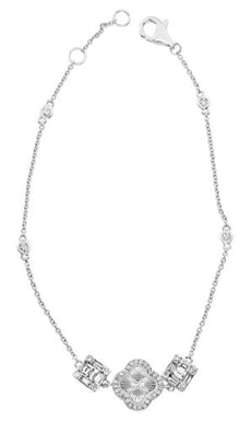 .49CT DIAMOND 18KT WHITE GOLD 3D ROUND & BAGUETTE 4 LEAF CLOVER FLOWER BRACELET