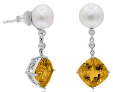 6.26CT DIAMOND & AAA CITRINE & SOUTH SEA PEARL 14KT WHITE GOLD HANGING EARRINGS