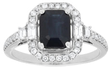 2CT DIAMOND & AAA SAPPHIRE 14KT WHITE GOLD ROUND & BAGUETTE HALO ENGAGEMENT RING