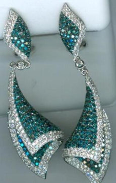 LARGE 3.05CT WHITE & BLUE DIAMOND 18K WHITE GOLD 3D GEOMETRICAL HANGING EARRINGS