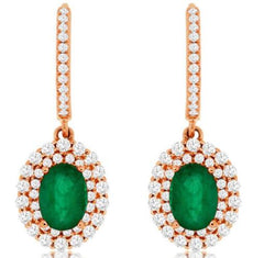 2.25CT DIAMOND & AAA EMERALD 14KT ROSE GOLD 3D FLOWER LEVERBACK HANGING EARRINGS