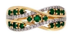 .56CT DIAMOND & AAA EMERALD 14KT YELLOW GOLD 3D MULTI ROW CRISS CROSS FUN RING