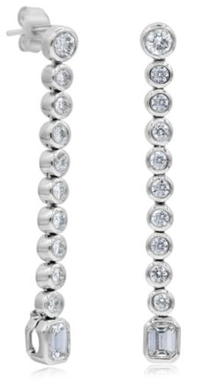 2.0CT DIAMOND 18KT WHITE GOLD 3D ROUND & BAGUETTE CLASSIC FUN HANGING EARRINGS