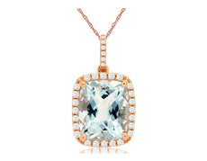 3.92CT DIAMOND & AAA AQUAMARINE 14KT ROSE GOLD CUSHION & ROUND FLOATING PENDANT