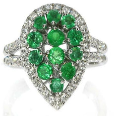 1.56CT DIAMOND & AAA EMERALD 18KT WHITE GOLD 3D CLUSTER PEAR SHAPE HALO FUN RING