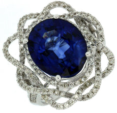8.64CT DIAMOND & AAA SAPPHIRE 14K WHITE GOLD OVAL & ROUND FLOWER STAR FUN RING