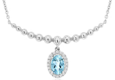 .50CT DIAMOND & AAA AQUAMARINE 14KT WHITE GOLD OVAL & ROUND FLOWER BAR NECKLACE