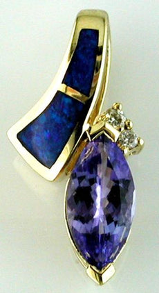1.51CT DIAMOND & AAA TANZANITE & AAA OPAL 14KT YELLOW GOLD 3D FLOATING PENDANT