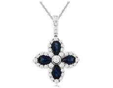 1.52CT DIAMOND & AAA SAPPHIRE 14KT WHITE GOLD PEAR SHAPE & ROUND FLOWER PENDANT