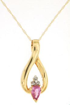.54CT DIAMOND & AAA PINK SAPPHIRE 14KT YELLOW GOLD 3D PEAR SHAPE & ROUND PENDANT