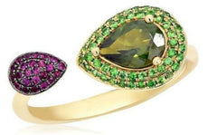 1.0CT AAA GREEN TOURMALINE GREEN GARNET & PINK SAPPHIRE 14K YELLOW GOLD FUN RING