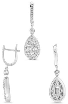 1.06CT DIAMOND 14KT WHITE GOLD 3D ROUND & BAGUETTE PEAR SHAPE INVISIBLE EARRINGS