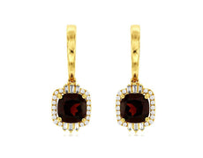 ESTATE 3.59CT DIAMOND & AAA GARNET 14K YELLOW GOLD CUSHION HALO HANGING EARRINGS