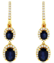 2.06CT DIAMOND & AAA SAPPHIRE 14KT YELLOW GOLD 3D OVAL & ROUND HANGING EARRINGS