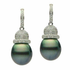 ESTATE LARGE 1.05CT DIAMOND & AAA TAHITIAN PEARL 18K WHITE GOLD HANGING EARRINGS