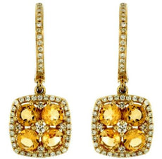 1.73CT DIAMOND & AAA CITRINE 14KT YELLOW GOLD SQUARE LEVERBACK HANGING EARRINGS