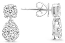 .85CT DIAMOND 14KT WHITE GOLD ROUND PAVE SQUARE TEAR DROP FUN HANGING EARRINGS