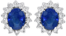 1.02CT DIAMOND & AAA SAPPHIRE 14KT WHITE GOLD OVAL & ROUND FLOWER STUD EARRINGS