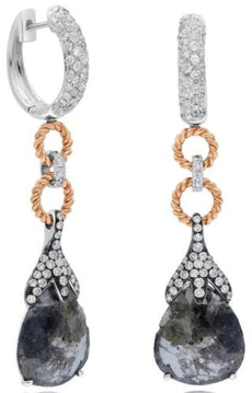 LARGE 9.90CT WHITE & ICE DIAMOND 18KT WHITE ROSE & BLACK GOLD TEAR DROP EARRINGS
