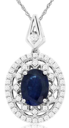 1.95CT DIAMOND & AAA SAPPHIRE 14KT WHITE GOLD 3D OVAL & ROUND FLOATING PENDANT