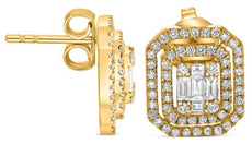 .97CT DIAMOND 14K YELLOW GOLD 3D ROUND & BAGUETTE INVISIBLE DOUBLE HALO EARRINGS