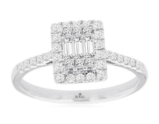 .50CT DIAMOND 14KT WHITE GOLD ROUND PRINCESS & BAGUETTE CLUSTER SQUARE LOVE RING