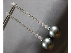 ESTATE LARGE 1.37CT DIAMOND & AAA TAHITIAN PEARL 18K WHITE GOLD HANGING EARRINGS