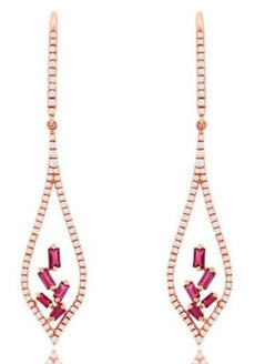 .67CT DIAMOND & AAA RUBY 14KT ROSE GOLD 3D BAGUETTE TEAR DROP HANGING EARRINGS