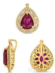 2.4CT DIAMOND & AAA RUBY 18KT YELLOW GOLD PEAR SHAPE & ROUND DOUBLE HALO PENDANT