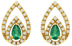 0.67CT DIAMOND & AAA EMERALD 14KT YELLOW GOLD 3D PEAR SHAPE & ROUND STUD EARRINGS