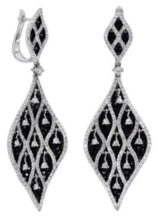 5.50CT WHITE & BLACK DIAMOND 18K WHITE GOLD 3D MULTI LEAF FUN LEVERBACK EARRINGS