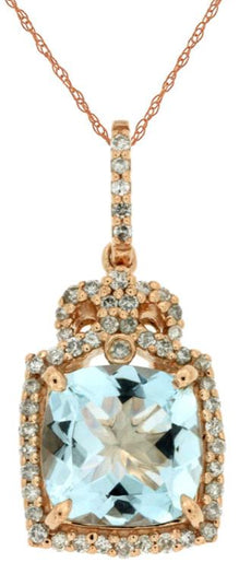 1.95CT DIAMOND & AAA AQUAMARINE 14KT ROSE GOLD 3D ROUND & CUSHION CROWN PENDANT