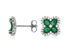 1.65CT DIAMOND & AAA EMERALD 14KT WHITE GOLD 4 LEAF CLOVER FLOWER STUD EARRINGS