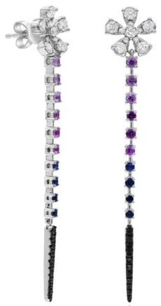 1.33CT WHITE & BLACK DIAMOND & AAA MULTI COLOR SAPPHIRE 14KT WHITE GOLD EARRINGS