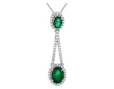 1.92CT DIAMOND & AAA EMERALD 14K WHITE GOLD OVAL & ROUND HALO TRIANGULAR PENDANT