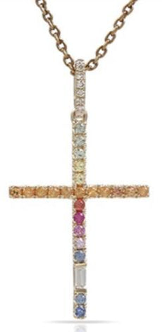 .40CT DIAMOND & AAA MULTICOLOR SAPPHIRE 14KT YELLOW GOLD CROSS FLOATING PENDANT