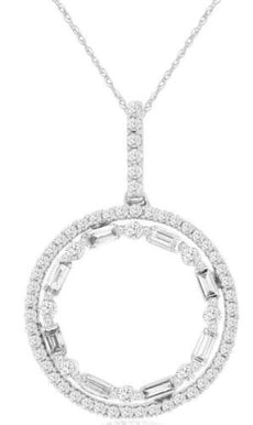 .50CT DIAMOND 14KT WHITE GOLD 3D ROUND & BAGUETTE DOUBLE CIRCLE FLOATING PENDANT