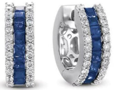 1.60CT DIAMOND & AAA SAPPHIRE 14KT WHITE GOLD 3D 3 ROW HUGGIE HANGING EARRINGS