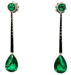 LARGE 13.31CT AAA EMERALD & ONYX PLATINUM 3D PEAR SHAPE & ROUND HANGING EARRINGS