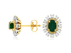 .98CT DIAMOND & AAA EMERALD 14KT YELLOW GOLD OVAL & ROUND SUNBURST STUD EARRINGS