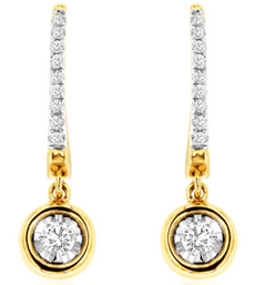 ESTATE .25CT DIAMOND 14KT 2 TONE GOLD 3D ROUND SOLITAIRE BEZEL HANGING EARRINGS