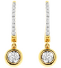ESTATE .25CT DIAMOND 14KT 2 TONE GOLD 3D ROUND SOLITAIRE BEZEL HANGING EARRINGS