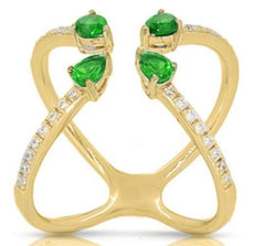 .91CT DIAMOND & AAA EMERALD 14KT YELLOW GOLD PEAR SHAPE & ROUND FLOWER FUN RING