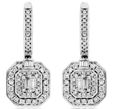 .55CT DIAMOND 14KT WHITE GOLD 3D ROUND & BAGUETTE OCTAGON FUN HANGING EARRINGS