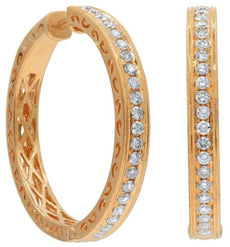 ESTATE 1.33CT DIAMOND 18KT ROSE GOLD 3D CLASSIC FILIGREE HOOP HANGING EARRINGS